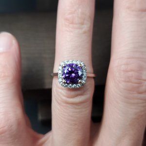 Size 5.5 Silver & Copper Tone Purple Round Cubic Zirconia Halo Ring